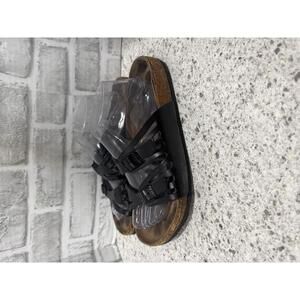 Birkenstock Black Leather Slide Sandals with Cork Footbed